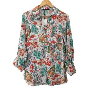 ZARA Paisley Button Front Orange Teal Red 3/4 Sleeve Blouse Size S